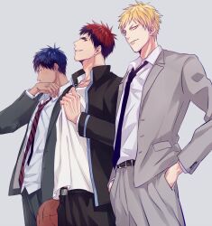 3boys aomine_daiki ball basketball_(object) belt belt_buckle black_belt black_necktie black_pants blonde_hair blue_hair buckle collared_shirt commentary_request crew_neck dark-skinned_male dark_skin earrings forked_eyebrows formal_clothes grey_background grey_jacket grey_pants grey_suit grin hands_in_pocket jacket jewelry kagami_taiga kise_ryouta kuroko_no_basuke lapels layered_sleeves long_sleeves looking_ahead looking_to_the_side male_focus multiple_boys necklace necktie notched_lapels open_clothes open_jacket pants piercing popped_collar red_hair ring ring_necklace shirt short_hair sideways_glance simple_background single_earring smile standing striped_necktie suit teeth very_short_hair white_shirt wing_collar wolfsea yellow_eyes