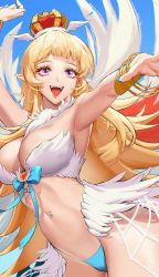 1girl armpits arms_up bangle bikini blonde_hair blue_background blue_bikini blue_bow blunt_bangs bow bracelet bracer breasts cleavage commentary cowboy_shot crown english_commentary feathered_wings highres jewelry large_breasts long_hair looking_afar navel navel_piercing open_mouth piercing pointy_ears purple_eyes ragnarok_online rio simple_background smile solo swimsuit wanderer_(ragnarok_online) white_wings wings