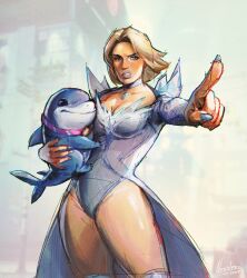 1boy 1girl absurdres angry animal blonde_hair collar commentary emma_frost english_commentary fins fish_tail highres holding holding_animal jeff_(marvel) marvel nail_polish name_tag neo_jpeg pointing shark shark_fin shark_tail smile superhero_costume tail x-men