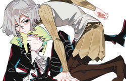 2boys absurdres all_fours androgynous ascot bags_under_eyes black_eyes black_gloves black_jacket boots crossover dungeon_meshi elf gloves gorget green_hair grey_hair highres jacket lazy_eye leg_up lio_fotia long_sleeves looking_at_viewer lying male_focus mithrun multiple_boys notched_ear on_back pointy_ears promare purple_eyes shirt short_hair sidelocks simple_background so-rann thigh_boots trap tunic uneven_eyes wavy_hair white_background
