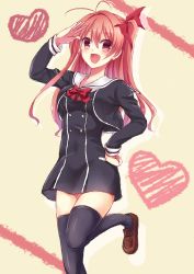 1girl :d antenna_hair black_thighhighs chaos;child chaos;head company_connection cosplay female_focus hair_ribbon highres leg_up long_hair nishijou_myu one_side_up onoe_serika onoe_serika_(cosplay) open_mouth pink_eyes pink_hair ribbon sakihata_rimi salute school_uniform smile solo thighhighs zettai_ryouiki