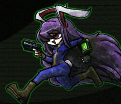 Rule 34 | 1girl, animal ears, blue jumpsuit, boots, breasts, brown boots, fallout, fallout 4, full body, green outline, gun, hair over one eye, handgun, holding, holding gun, holding weapon, jumpsuit, long hair, open mouth, outline, pip boy, purple hair, rabbit ears, rabbit girl, rabbit tail, red eyes, reisen udongein inaba, running, small breasts, smile, solo, suenari (peace), tail, touhou, very long hair, weapon