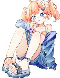 1girl barefoot bikini bikini_under_clothes blue_eyes blue_jacket blue_shorts blush chaosexceed closed_mouth commentary feet flat_chest foot_focus full_body hair_ornament hairclip halterneck highres jacket long_sleeves looking_at_viewer orange_bikini orange_hair original paid_reward_available sandals short_hair shorts sitting sleeves_past_wrists solo swimsuit toes twintails
