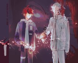 Rule 34 | 2boys, :d, ^ ^, ahoge, aotsuki eito, black gloves, black jacket, black pants, black streaks, breast pocket, candle, closed eyes, drawstring, extra faces, facing another, fireworks, giving, glasses, gloves, grey hair, grey jacket, grin, highres, holding, holding fireworks, hood, hoodie, jacket, jacket over hoodie, male focus, melting, mint1618680, multicolored hair, multicolored jacket, multiple boys, open clothes, open jacket, open mouth, pants, pocket, purple eyes, red hair, short hair, slime (substance), smile, sparkler, spoilers, streaked hair, sumino takumi, the hundred line -last defense academy-, two-tone jacket, white hoodie, white jacket, white pants, wide-eyed, zoom layer