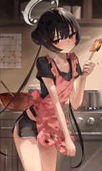 1girl absurdres alternate_costume apron apron_hold black_eyes black_hair black_shirt black_shorts blue_archive blush chocolate closed_mouth hair_between_eyes hair_bun head_tilt highres holding holding_spatula kisaki_(blue_archive) kitchen long_hair looking_to_the_side meltyrice pink_apron shirt short_shorts shorts sidelocks spatula twintails