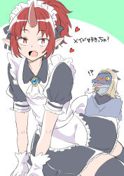 !? 2boys apron arm_support blonde_hair blush character_request crossdressing crossdressing_(mtf) dress fang fujinami_(fjnm000) furry furry_male gloves heart horns ishuzoku_reviewers looking_at_viewer maid maid_apron maid_headdress male_focus male_maid multiple_boys nose_blush ogre open_mouth pointy_ears ponytail red_eyes red_hair short_hair short_sleeves sidelocks single_horn skin_fang solo_focus thighhighs translation_request trap white_gloves yellow_eyes