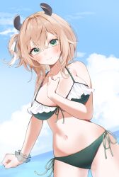 Rule 34 | 1girl, absurdres, animal ears, bikini, blue sky, blush, breasts, brown hair, cloud, green bikini, green eyes, hair ribbon, highres, indie virtual youtuber, large breasts, looking at viewer, miraru (miracle), navel, nimi nightmare, one side up, ribbon, side-tie bikini bottom, sky, solo, swimsuit, tapir ears, tapir girl, virtual youtuber, water, white ribbon