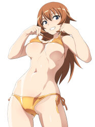 Rule 34 | 1girl, bikini, blue eyes, blush, breasts, brown hair, charlotte e. yeager, gold bikini, grin, large breasts, long hair, looking at viewer, nanashino, navel, side-tie bikini bottom, simple background, smile, solo, strike witches, swimsuit, white background, world witches series