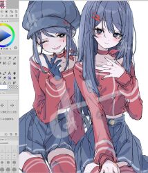 Rule 34 | 2girls, ;d, art program in frame, blue eyes, blue gloves, blue hair, blue hat, blue skirt, cabbie hat, choker, collarbone, cool mita (miside), cropped sweater, dual persona, fingernails, gloves, hair ornament, hairpin, hand on own chest, hat, highres, kind mita (miside), long hair, looking at viewer, mi 398, miside, mita (miside), multiple girls, one eye closed, open mouth, red choker, red sweater, red thighhighs, skirt, smile, sweater, teardrop facial mark, thighhighs