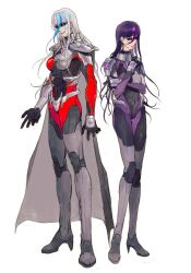 armor black_bodysuit blue_hair bodysuit boots eva_(hundred_line) full_body grey_bodysuit hair_between_eyes hand_up heterochromia high_heel_boots high_heels highres long_hair looking_at_viewer multicolored_eyes multicolored_hair open_mouth pink_hair purple_bodysuit purple_eyes purple_hair red_bodysuit red_eyes shoulder_armor siblings simple_background sisters smile the_hundred_line_-last_defense_academy- v&#039;ehxness white_background white_hair wu_li_gede