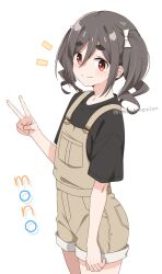 1girl black_shirt blush bow brown_hair brown_overalls commentary copyright_name cowboy_shot from_side hair_between_eyes hair_bow hand_up highres kiriyama_an mono_(afro) nekosination notice_lines overall_shorts overalls red_eyes shirt short_sleeves sidelocks simple_background smile solo split_mouth t-shirt thick_eyebrows twintails twitter_username v wavy_hair white_background white_bow
