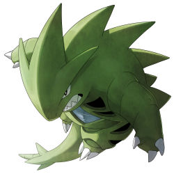 angry black_eyes bright_pupils claws clenched_teeth creatures_(company) from_above full_body game_freak gen_2_pokemon highres looking_afar nintendo no_humans pokemon pokemon_(creature) pokemon_gsc ryanpei sharp_teeth simple_background solo spikes tail teeth tyranitar white_background