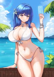 1girl absurdres arcana_(nikke) bead_bracelet beads bikini blue_hair bracelet breasts choker cleavage closed_mouth cowboy_shot day earrings front-tie_bikini_top front-tie_top goddess_of_victory:_nikke hand_up highleg highleg_bikini highres jewelry large_breasts long_hair looking_at_viewer navel one_side_up outdoors purple_eyes revision side-tie_bikini_bottom smile solo stomach string_bikini swimsuit thighs vavamva wet white_bikini white_choker