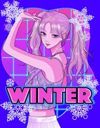 1girl aespa artist_name blonde_hair blue_eyes commentary_request cowboy_shot eyelashes eyeshadow highres k-pop lone_nape_hair makeup parted_bangs profile real_life red_lips sail_ofhope smile snowflakes solo twintails winter_(aespa)