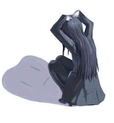 1girl ado_(utaite) black_coat black_hair black_pants cat_shadow_puppet_(meme) chando_(ado) coat commentary gloves ha-chan_(ado) highres kahuna90231217 long_hair long_sleeves meme pants sidelocks solo squatting utaite white_background white_gloves