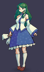 Rule 34 | 1girl, absurdres, ahruna (akeru99), bare shoulders, blue skirt, breasts, closed mouth, collared shirt, detached sleeves, frilled skirt, frills, frog hair ornament, full body, gohei, green eyes, green hair, grey background, hair ornament, hair tubes, highres, holding, holding gohei, kneehighs, knees, kochiya sanae, large breasts, loafers, long hair, long sleeves, looking to the side, parted bangs, patterned clothing, print skirt, shirt, shoes, simple background, single hair tube, single sidelock, skirt, skirt set, sleeveless, sleeveless shirt, smile, snake hair ornament, socks, solo, touhou, white socks, wide sleeves