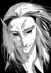 1boy baldur&#039;s_gate baldur&#039;s_gate_3 black_eyes dungeons_&amp;_dragons dungeons_&amp;_dragons gev highres long_hair male_focus portrait scar scar_on_face smile solo spot_color the_dark_urge_(baldur&#039;s_gate) white_hair