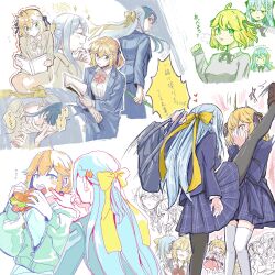 2girls ahoge anisphia_wynn_palettia bacon bag black_pantyhose black_ribbon blonde_hair blue_hair blue_jacket blue_shirt blue_skirt blush book bow bowtie breath burger collared_shirt commentary_request contemporary eating euphyllia_magenta flying_sweatdrops food food_on_face foot_kabedon green_eyes green_jacket grey_bow grey_bowtie grey_hair grey_jacket grey_sweater hair_ribbon heart highres holding holding_bag holding_book holding_burger holding_food jacket kabedon kemonomimi_mode kiss kissing_hand kissing_neck koyomania long_hair long_sleeves medium_hair motion_blur multiple_girls pantyhose plaid_clothes plaid_skirt pleated_skirt reading red_bow red_bowtie ribbon school_bag school_uniform shirt sitting skirt sleeping sleeves_past_wrists sparkle speech_bubble sweat sweater tensei_oujo_to_tensai_reijou_no_mahou_kakumei thighhighs tongue tongue_out translation_request white_shirt white_thighhighs yellow_ribbon yuri