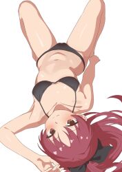 1girl bikini black_bikini blush hateri highres looking_at_viewer lying mahou_shoujo_madoka_magica navel red_eyes red_hair sakura_kyoko solo stomach swimsuit