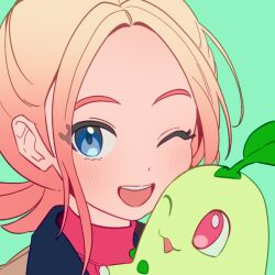 Rule 34 | 1girl, ;d, blonde hair, blue eyes, brown jacket, chikorita, commentary, ebi (shrimp eleven), eyelashes, gen 2 pokemon, green background, happy, jacket, nintendo, one eye closed, open mouth, pink shirt, pokemon, pokemon (creature), pokemon legends: z-a, shirt, sidelocks, simple background, smile, taunie (pokemon), teeth, upper teeth only