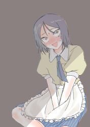 1boy :d apron between_legs blue_skirt blush breast_pocket brown_background commentary_request contrast_collar crossdressing crying crying_with_eyes_open employee_uniform frilled_apron frills futsuu_no_keion-bu grey_hair grey_necktie hand_between_legs highres kokiyun_1210 male_focus necktie open_mouth parted_bangs pocket puffy_short_sleeves puffy_sleeves sanpaku shadow short_sleeves sitting skirt smile solo striped_clothes striped_collar striped_skirt striped_sleeve_cuffs taguchi_ryuuya tears trap tsurime vertical-striped_clothes vertical-striped_skirt waist_apron waiter white_apron yellow_eyes