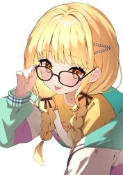 Rule 34 | 1girl, :p, absurdres, bespectacled, black-framed eyewear, blonde hair, blush, bow, braid, brown bow, fingernails, fujita kotone, gakuen idolmaster, glasses, hair bow, highres, idolmaster, jacket, leaning forward, long hair, looking at viewer, mizusaki rain, multicolored jacket, shirt, simple background, solo, tongue, tongue out, twin braids, white background, yellow eyes, yellow shirt