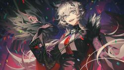 Rule 34 | 1girl, animal ears, arknights, bigchun, black gloves, black jacket, black skirt, gloves, grey eyes, grey hair, hair between eyes, hair ornament, hairclip, hand up, high-waist skirt, highres, jacket, lappland (arknights), lappland the decadenza (arknights), long hair, long sleeves, looking at viewer, messy hair, necktie, open clothes, open jacket, open mouth, scar, scar across eye, scar on face, sharp teeth, shirt, skirt, smile, solo, teeth, upper body, white shirt, wolf ears, wolf girl