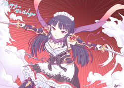 1girl beatrice_(iris_mysteria!) black_hair breasts cleavage dual_wielding highres holding holding_sword holding_weapon iris_mysteria! k_(nura-rikuo) large_breasts long_hair pink_eyes sword weapon
