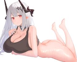 1girl 8ka43 absurdres arknights arm_under_breasts ass bare_shoulders black_horns black_sports_bra bottomless breasts cleavage closed_mouth commentary feet full_body grey_hair highres horns large_breasts light_smile long_hair lying mudrock_(arknights) on_stomach pointy_ears red_eyes simple_background soles solo sports_bra sweat the_pose white_background