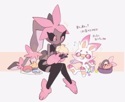 1boy 1girl :p alternate_color animal_ears animal_hands animal_nose basket black_sclera blush body_fur brown_fur colored_sclera cupcake food full_body furry furry_female gen_4_pokemon gen_8_pokemon highres looking_at_another lopunny masayo_(skip) mega_lopunny mega_pokemon nintendo orange_eyes orange_fur pantyhose pink_eyes pink_fur pokeblock_case pokemon pokemon_(creature) rabbit_ears rabbit_girl rabbit_tail scorbunny shiny_pokemon simple_background sitting smile tail tongue tongue_out torn_clothes torn_pantyhose white_background white_fur
