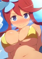 1girl absurdres bikini blue_eyes blue_sky blush breasts breath brown_hair commentary_request creatures_(company) curakuru dark-skinned_female dark_skin game_freak gold_bikini highres large_breasts looking_at_viewer nintendo outdoors pokemon pokemon_bw sky skyla_(pokemon) smile solo sweat swimsuit upper_body