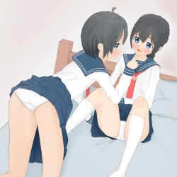 2girls all_fours black_hair blue_eyes blush crotch_seam finger_to_mouth green_eyes highres looking_at_another multiple_girls nasunomori on_bed open_mouth original panties pantyshot school_uniform serafuku sitting socks underwear white_background white_panties white_serafuku white_socks yuri