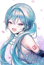 1girl :d absurdres aqua_eyes aqua_hair bare_shoulders black_sleeves blue_eyes blue_hair blush breasts detached_sleeves fang flower from_side grey_shirt hair_between_eyes hatsune_miku highres long_hair looking_at_viewer medium_breasts open_mouth pipi_(pipinavigation) shirt sleeveless sleeveless_shirt smile solo tattoo twintails upper_body vocaloid white_background