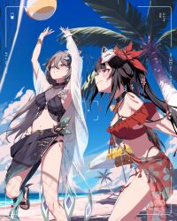 2girls absurdres alternate_costume arms_up ball bare_shoulders battery_indicator beach beach_umbrella beach_volleyball bell bikini black_bikini black_choker black_hair black_sandals blue_sky bracelet breasts choker cloud commentary_request floral_print flower fox_mask grey_hair grin hair_between_eyes hair_flower hair_ornament highres honkai:_star_rail honkai_(series) honkai_impact_3rd jewelry large_breasts long_hair looking_at_object looking_up mark_under_eye mask mask_on_head medium_breasts multiple_girls navel neck_bell off-shoulder_bikini off_shoulder outdoors palm_tree parted_lips pink_eyes pink_flower playing_sports recording red_eyes red_sarong sand sandals sarong see-through_cleavage see-through_clothes sky smile sparkle_(honkai:_star_rail) standing standing_on_one_leg swimsuit swimsuit_cover-up tree twintails umbrella very_long_hair viewfinder vita_(honkai_impact) volleyball_(object) water yo_na