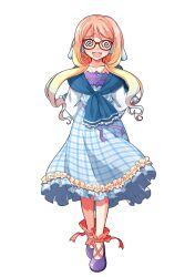 1girl :d @_@ arms_behind_back blonde_hair blue_dress blush collarbone commentary_request cross-laced_shoes dairi dress frilled_dress frills full_body glasses gradient_hair hair_ornament haruno_sora jewelry large_variant_set long_hair long_sleeves mole mole_under_mouth multicolored_hair open_mouth orange_hair pendant plaid_clothes plaid_dress purple_shoes red-framed_eyewear red_ribbon ribbon shoes smile solo standing straight-on tachi-e transparent_background variant_set vocaloid voiceroid