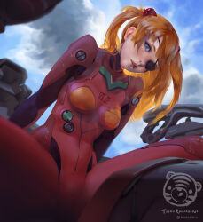 1girl artist_name ass blue_eyes bodysuit breasts brown_hair cloud cloudy_sky evangelion:_3.0_you_can_(not)_redo eyepatch freckles hair_ornament highres legs_apart lips long_hair mecha_pilot_suit medium_breasts neon_genesis_evangelion plugsuit_(evangelion) rebuild_of_evangelion red_bodysuit simple_background sky smile solo souryuu_asuka_langley spread_legs standing teemu_taiga twintails view_between_legs
