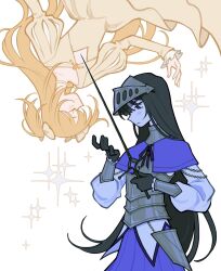 2girls akemi_homura alternate_costume armor black_eyes black_hair breastplate capelet dress highres holding holding_sword holding_weapon juliet_sleeves kaname_madoka kiwibnui knight long_hair long_sleeves mahou_shoujo_madoka_magica multiple_girls puffy_sleeves purple_capelet purple_skirt rapier shirt skirt sword upper_body upside-down very_long_hair weapon white_background white_dress white_shirt