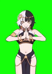 1girl ancient_egyptian_clothes animated bare_shoulders black_hair collarbone cowboy_shot dancing egyptian_trend_(meme) green_background harutimu hololive hololive_english looking_at_viewer multicolored_hair navel own_hands_clasped shiori_novella sound tagme thighs tongue tongue_out two-tone_hair video white_hair yellow_eyes