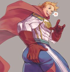 Rule 34 | 1boy, addy (@vegeebs), bara, blonde hair, blue eyes, bodysuit, boku no hero academia, cape, come hither, cowboy shot, deadpool &amp; wolverine, from behind, from below, grabbing own ass, highres, large pectorals, looking at viewer, male focus, muscular, muscular male, peach emoji, pectorals, pose imitation, short hair, smile, solo, spiked hair, spoken emoji, standing, superhero costume, thighs, togata mirio, tongue, tongue out, w