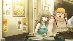 1boy 1girl :o amane_yuki aqua_shirt blue_eyes breasts brown_hair brown_shirt collarbone couple fat fat_man game_cg glasses hair_between_eyes hashida_itaru hat highres huke indoors long_hair looking_at_viewer medium_breasts official_art opaque_glasses open_collar open_mouth ringed_eyes shirt sleeveless sleeveless_shirt steins;gate steins;gate_0 surprised sweat tank_top teeth tongue