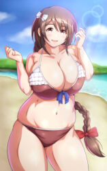 Rule 34 | 1girl, aihara yukino, bikini, blush, braid, breasts, brown eyes, brown hair, cleavage, hair ribbon, highres, idolmaster, idolmaster cinderella girls, large breasts, long hair, looking at viewer, mahira (pixiv174324), navel, open mouth, plump, ribbon, smile, solo, standing, swimsuit