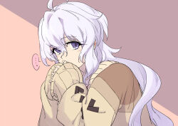 ... 1girl ahoge brown_sweater character_request long_hair looking_at_viewer mokutan_mmmm own_hands_together purple_eyes senki_zesshou_symphogear solo speech_bubble spoken_ellipsis sweater white_hair yukine_chris