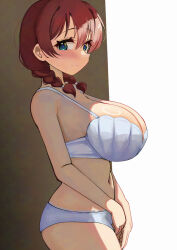 Rule 34 | 1girl, aqua eyes, bare arms, blush, bra, braid, breasts, brown hair, cleavage, closed mouth, emma verde, freckles, hair between eyes, hair over shoulder, heart, heart-shaped pupils, highres, huge breasts, looking at viewer, love live!, love live! nijigasaki high school idol club, medium hair, navel, panties, pisagi, sidelocks, smile, solo, standing, symbol-shaped pupils, twin braids, underwear, underwear only, white bra, white panties