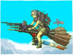 2girls above_clouds blue_eyes blue_hair blue_sky broom broom_riding cat chain cloud coat drum_magazine french_flag gun hat helmet highres lock machine_gun magazine_(weapon) multiple_girls on_shoulder original round_eyewear scarf sky solo weapon white_scarf witch_hat yabarn