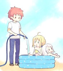 1boy 2girls 87banana ahoge animal artoria_pendragon_(fate) artoria_pendragon_(swimsuit_archer)_(fate) bikini bird blonde_hair blue_bow blue_pants bow brown_eyes emiya_shirou fate/stay_night fate_(series) green_eyes hair_bow holding holding_animal holding_bird holding_hose hose illyasviel_von_einzbern multiple_girls outdoors pants pool red_eyes red_hair rubber_duck shirt swimsuit wading_pool water white_bikini white_hair white_shirt
