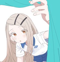 1girl blonde_hair blue_shorts curtains gakuen_idolmaster hand_up idolmaster looking_up meeeeeeco359 open_mouth orange_hair shinosawa_hiro shirt shorts simple_background solo white_background white_shirt