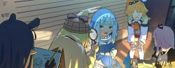 5girls :o absurdres animal_hood bent_over black_hair blonde_hair blue_eyes blue_hair blunt_bangs commentary deerstalker detached_sleeves drawstring english_commentary faceless faceless_female fins fish_tail gawr_gura gawr_gura_(1st_costume) hands_on_own_knees hat highres holding holding_magnifying_glass hololive hololive_english holomyth hood hood_up long_hair magnifying_glass mazu_(mazumaro) mori_calliope mori_calliope_(1st_costume) multicolored_hair multiple_girls ninomae_ina&#039;nis ninomae_ina&#039;nis_(1st_costume) open_mouth orange_hair pink_hair pointy_ears shark_hood shark_tail sharp_teeth streaked_hair tail takanashi_kiara takanashi_kiara_(1st_costume) teeth two-tone_hair virtual_youtuber watson_amelia watson_amelia_(1st_costume) white_hair