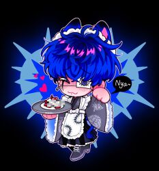 animal_ears apron black_background blue_background blue_eyes blue_hair bow cat_boy cat_ears cat_tail censored centipede_print chailiru chibi chin_piercing crack crossdressing earrings english_text eye_print face_piercing full_body heart highres japanese_clothes jewelry kimono maid maid_apron maid_headdress male_maid mosaic_censoring omokage_yugamu one_eye_covered piercing plate print_eyepatch single_earring speech_bubble tail the_hundred_line_-last_defense_academy- twitter_username two-tone_background wa_maid white_bow