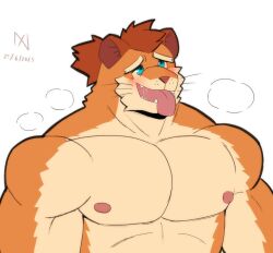 1boy abs animal_ears artist_name bara blush choi_yuhee_(xxl) commentary dated english_commentary fangs furry furry_male highres looking_up lxl_art_lxl male_focus muscular muscular_male nipples open_mouth pectorals topless_male upper_body weasel_boy weasel_ears whiskers white_background xxl_woofia