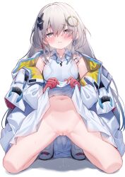 1girl blush breasts censored chunithm closed_mouth clothes_lift collared_dress commentary_request commission dress dress_lift eip_(pepai) embarrassed full_body gloves grey_hair hair_ornament highres jacket kneeling lena_ishmael lifting_own_clothes long_hair long_sleeves mosaic_censoring navel pussy pussy_juice red_gloves simple_background skeb_commission sleeveless sleeveless_dress small_breasts solo spread_legs very_long_hair white_background white_dress white_footwear white_jacket